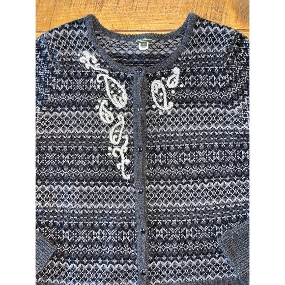 Womens Eddie Bauer Gray Lambs Wool Cashmere Button Down Cardigan Beads Large - Picture 2 of 8